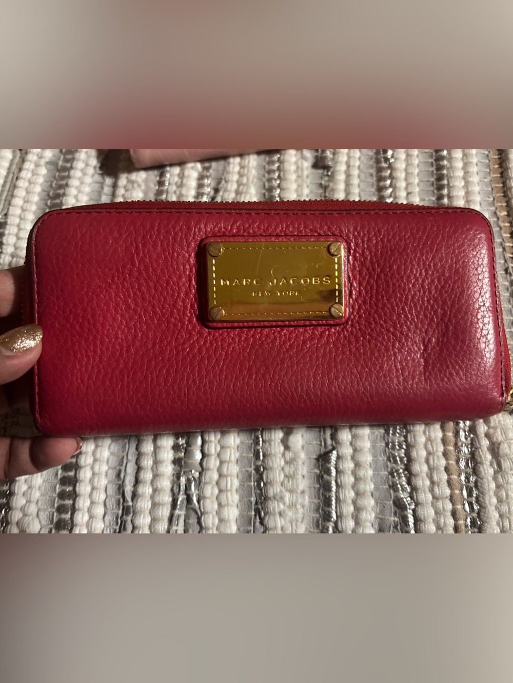 Marc Jacobs Red Leather Zip Wallet with Gold Plaque